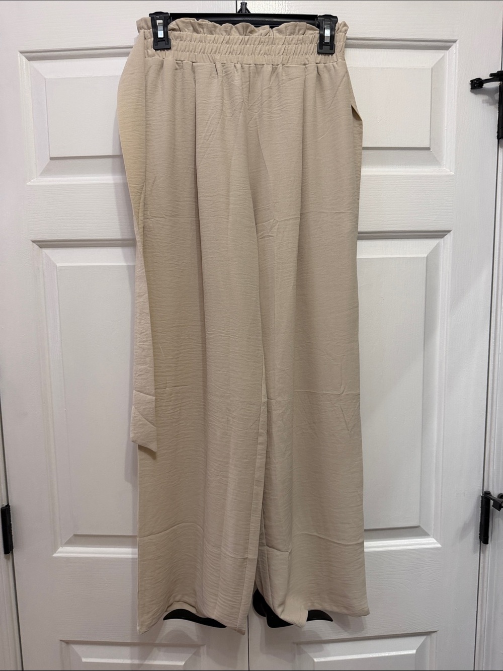 Beige Wide-Leg Elastic Waist Pants